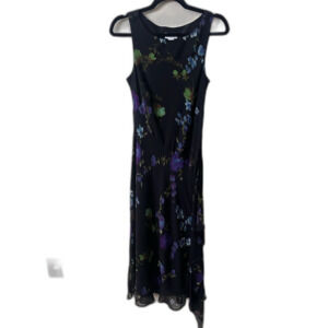 Vintage Silk Black Blue Floral Maxi Dress Size 6 90s Y2K Wedding Guest Flowy